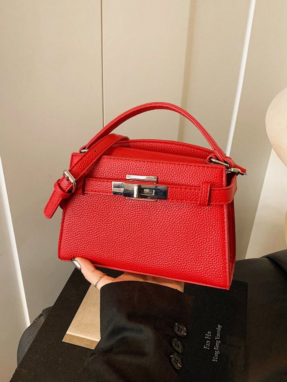 Red Modern Women's Handbag with Crossbody Shoulder Strap and Hardware Lock - Picture 4 of 5